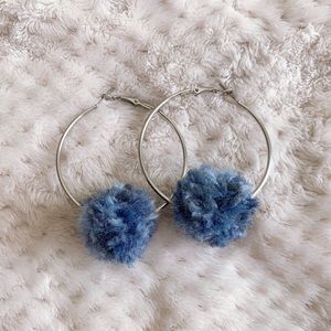 Blue Pom Pom Hoop Statement Earrings